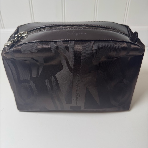Salvatore Ferragamo Handbags - Salvatore Ferragamo Canvas Nylon & Leather Brown Cosmetic Toiletry Travel Pouch